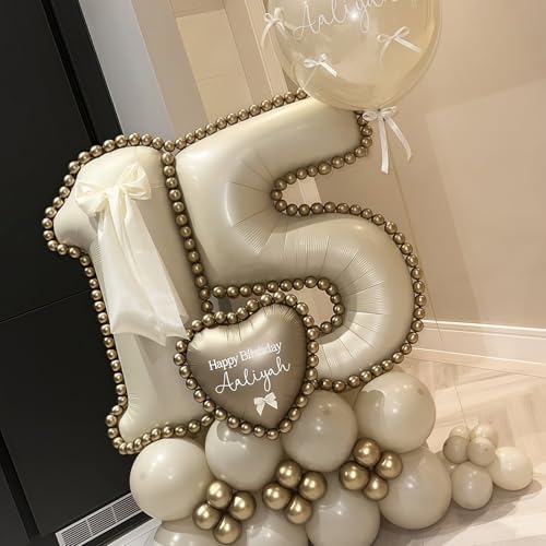Image of Cream Number 15 Balloons,40 Inch 15 Balloons Giant Helium Foil Mylar Beige 15 Balloon Number for Birthday Party Anniversary Decorations