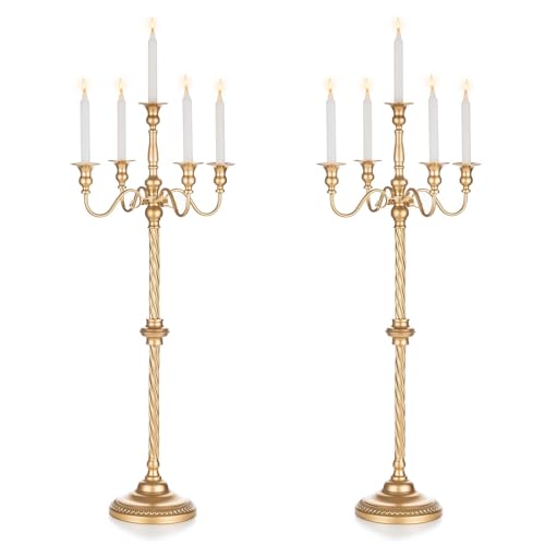 Inweder Gold Floor Candelabra for Wedding: 2 Pcs 5 Arm Tall Candle Holder