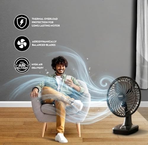 Image of OAKS Portable Table Fan 9 Inch | 3 Speed Settings | Adjustable Tilt Head | Quiet Operation | 45W High Speed Motor | Compact Desk Fan for Home, Office & Study Room