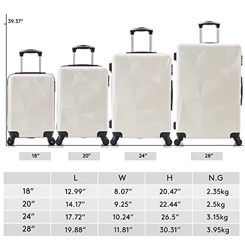 OKAKOPA White Luggage Set, 4 Piece Luggage Set Suitcases Set with Spinner Wheels Hardshell Lightweight Luggage 18" 20" 24" 28" W/Scale (White, 4 PCS)4