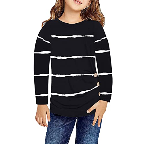 Girls Striped Tops Fall Long Sleeve Shirts Cute Soft Crew Neck Blouse Kids Comfy Casual Pleated Pullover Tops