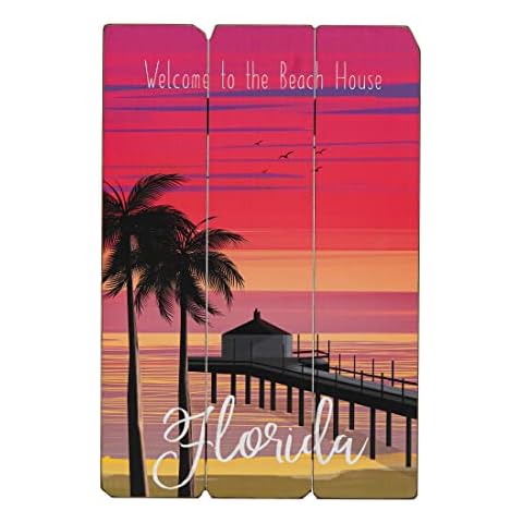 SOFFEE DESIGN 15'' x 10'' Florida Beach Wooden Print, Splicing Planks Wall Sign Decor Sunset Beach Palm Trees Holiday Welcome to the Beach House Cover