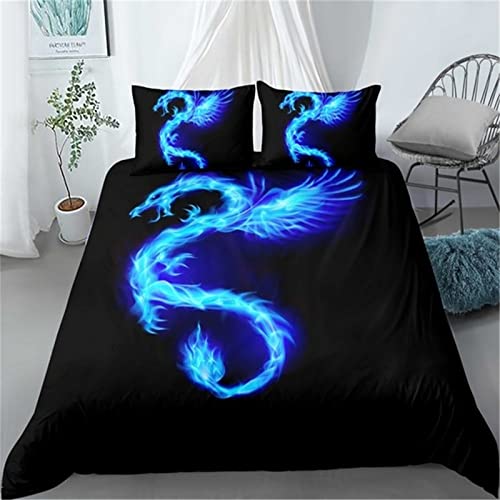 Dragon Animal Abstrait Bleu Housse De Couette 200X200 Cm ,Parures De Lit Impression En 3D Pour Adulte Enfants,Microfibre Ensemble De Literie + 2 Taies D'Oreiller 65X65Cm - Anti-Allergie - Entretien F Cover