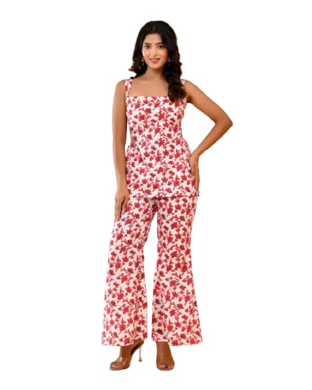 Eka Crimson Kurti Co-ord Set for Women Stylish Kurti Style Top with Matching Pants Ethnic Printed Co-Ord Outfit Comfortable Casual Wear for Office, Travel & Festive X-Large Crimson Red Colour-image-8