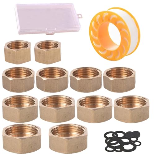 SVOCK 12 Piezas Tapa de Latón, Tapones Ciegos 3/8 1/2 3/4 1 In,Tapa Tubo Radiador para Tuberías de Agua de Jardín Al Aire Libre con Accesorios de Montaje, Tapon Tuberia Agua con Caja Almacenamiento