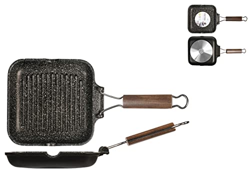 H&H Home Pietra Bistecchiera Antiaderente con Manico Pieghevole, Pietra, Nero, 20 cm