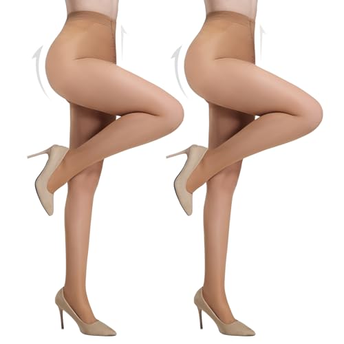 Image of Yilanmy 2 Pairs Tummy Control Pantyhose for Women 40D Sheer Shaping Tights | Control Top Pantyhose Sheer Nylon Stockings High Waist Stretchy Comfort Slim for Daily Wear