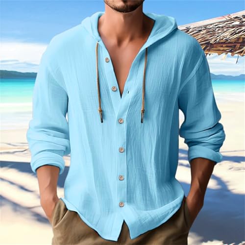 Cotton Linen Hoodie for Men Long Sleeve Button Down Shirts Casual Hawaiian Beach Shirt Tops Summer Hood with Pocket2