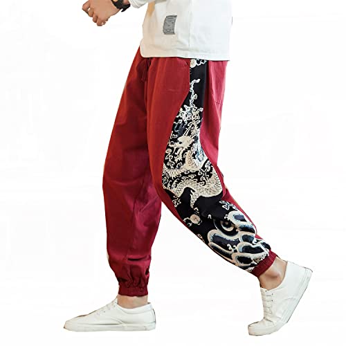 Seidarise Men's Linen Cargo Jogger Pant Japanese Hip Hop Sweatpants Harem Pants Sports Red