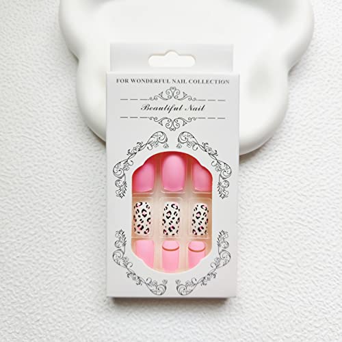 Pink Press On Nails Square Fake Nails Full Cover Acrylic Nails Leopard Print False Nails With Frosted Design Medium Length Artificial Nails Glossy Glue On Nails Stick On Nails For Women 24Pcs #TOP4