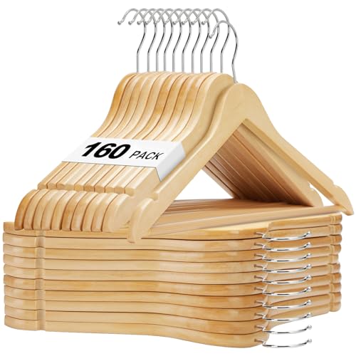 HOUSE DAY Bulk Wooden Hangers 160 Pack, Solid Wood Hanger with Non Slip Pant Bar, Heavy Duty Wooden Coat Hanger for Closet, Smooth Finish Wood Clothes Hangers for Shirts, Suits Jackets, Dress, Natural