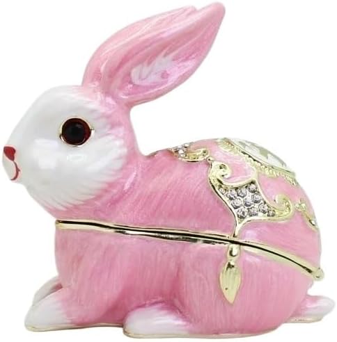 HUFFA Hand Painted Enamel Rabbit Jewelry Box - Hinged Trinket Box | Collectible Metal Figurine for Home Decor(pink)