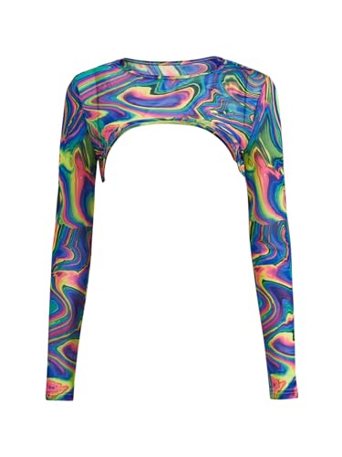 GORGLITTER Women's Y2K Reflective Rave Super Crop Tops Mesh Long Sleeve Graphic Festival Tee Top