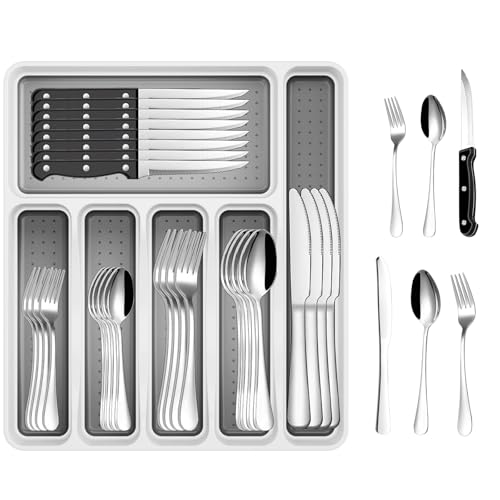 49-Piece Stainless Steel Silverware Set with Cutlery Organizer Service for 8 with Steak Knives and Kitchen Utensils