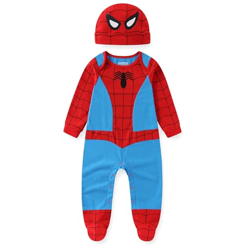 Image of Marvel Spider-Man Baby Boys Footie Romper and Hat 2 Piece Set for Infants