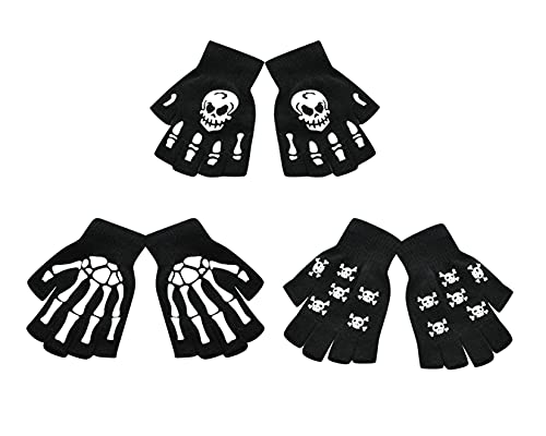 Dawwoti 3 Pares De Mujeres De Halloween Negro Esqueleto Guantes Sin Dedos Brillan En La Oscuridad, Unisex Cover