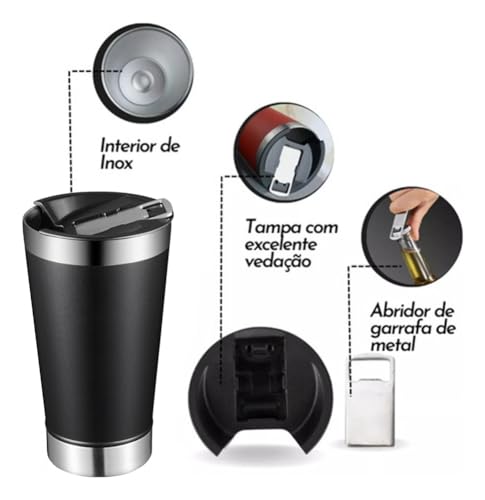 Copo Térmico para Cerveja Chopp Café com tampa 473ML (PRETO)