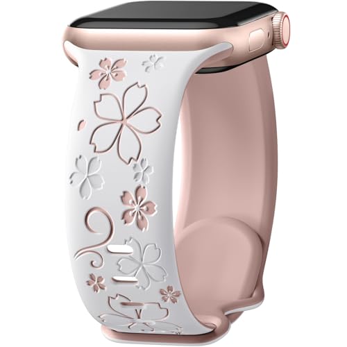 Floral Engraved Band Compatible with Apple Watch Bands for Women 40mm 41mm 42mm 38mm 44mm 45mm 46mm, Soft Silicone Cute TwoTone Flower Sport Strap for iWatch Series 11 10 9 SE 3 8 7 6 5 4 2