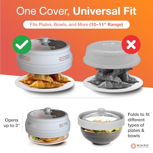Image of Mikro Innovations Glass & Silicone Microwave Splatter Cover - Tall and Collapsible Design that fits 6-10.5in Plates and Bowls - Space Saving, BPA Free & Dishwasher Safe (1, Gray, large)