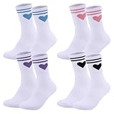 Utensilsto 4 Paar Tennissocken Damen 35-38 Weiß Sportsocken mit Streifen Herz Motiv,Tennis Socken Damen Laufsocken Atmungsaktiv Baumwollsocken für Frauen(EU 35-38)