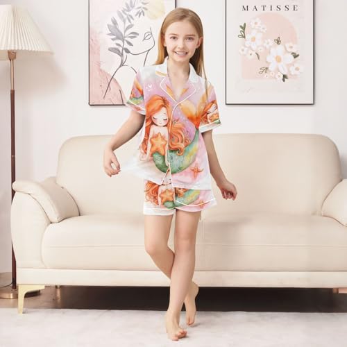 ALAZA Starfish Watercolor Mermaid Satin Pajamas Set Short Sleeve Button Down Sleepwear Summer Pjs 2 Piece3