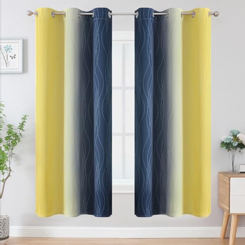 Estelar Textiler Navy Blue and Yellow Ombre Blackout Curtains for Living Room, Full Room Darkening Grommet Curtains for Bedroom, Thermal Insulated Light Blocking Gradient Drapes, 42Wx72L, 2 Panels