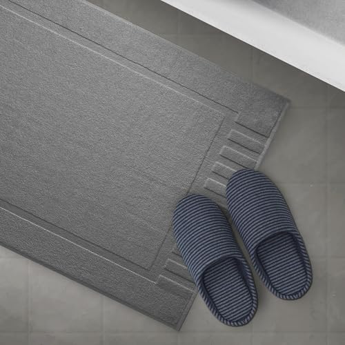 White Classic Set of 2 Bath Mats for Bathroom Floor, 86 x 56 cm Terry Cloth Hotel Styles Bath Mat 2 Pack, Dark Grey Reversible Bath Towel Mats, Machine Washable Shower Bathroom Floor Towels, Grey