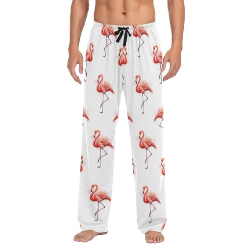 Flamingos White Straight-Fit Casual Loose Men's Separate Bottoms, Pajama Pants with Pockets S