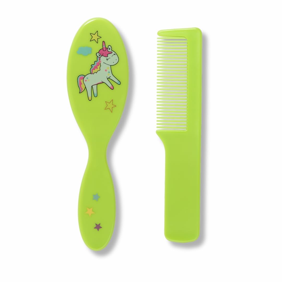 PARENCE.- Set di spazzole e pettini per neonati e pettini – Set per la cura dei capelli di unicorno per neonati e bambini – Spazzola morbida + pettine – Colore casuale (rosa, blu, verde, bianco)