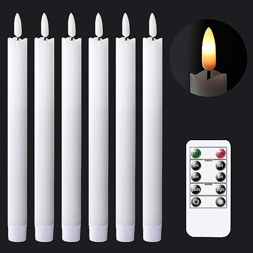 Image of GenSwin Taper Flameless Candles Flickering with 10-Key Remote, Battery Operated Led Warm 3D Wick Light Window Candles Real Wax Pack of 6, Christmas Home Wedding Decor(White, 0.78 X 9.64 Inch)