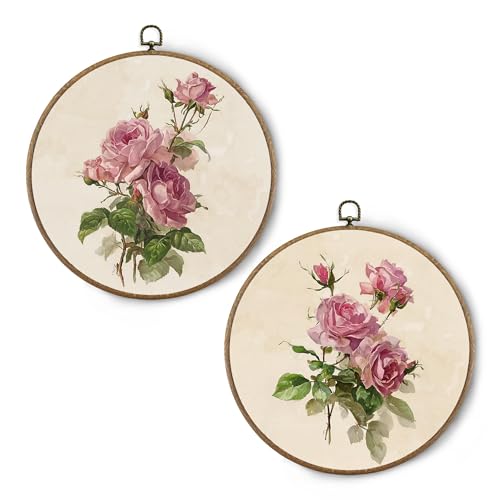 BitKAM Vintage Pink Rose Round Wall Art Decor, Shabby Chic