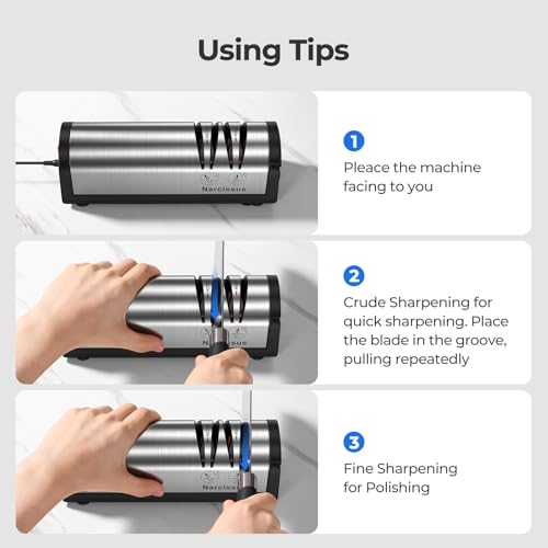 Narcissus Knife Sharpener, Professional 2 Stage Electric Knife Sharpener for Quick Sharpening & Polishing, with Scissors Sharpener and Metal Dust Collection Box, Stainless Steel, Silver