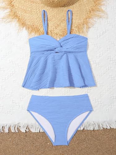 Image of OYOANGLE Girl's 2 Piece Tankini Swimsuit Textured Twist Front Ruched Ruffle Bikini Set Bathing Suits