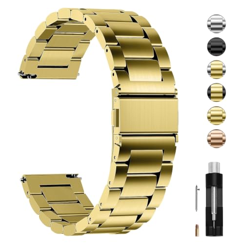 Image of Fullmosa 20mm Stainless Steel Watch Band, Quick Release Metal Replacement Strap with Removable Links, Includes Spring Bars & Link Removal Tool for Men Women (Golden)