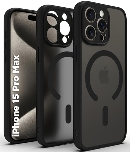 Image of RIGGEAR Shockproof Sleek Hybrid Armor Upgraded C-Shaped Magnetic Back Cover Case Compatible with MagSafe Accessories for iPhone 15 Pro Max (Smoke Black Matte PC + Black TPU Bumper)