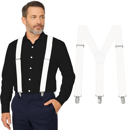 White Suspenders for Men Heavy Duty Adjustable 1 Y-Back Mens Suspenders for Dress Pants | Strong Metal Clips Durable Elastic Straps Leather Reinforcement Comfortable Formal Everyday Wear