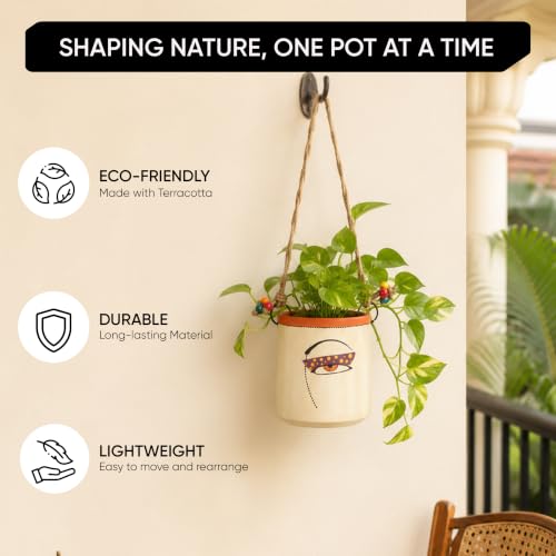 Image of AAKRITI ART CREATIONS Terracotta Hanging Planter | Handmade Boho Wall Basket Design with Rope, Modern Art, White Matte Finish | Decorative Hanging Pot for Indoor & Outdoor Home Decor