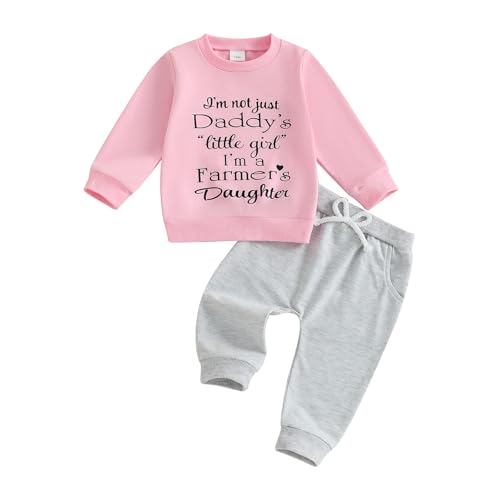 Toddler Baby Girls Fall Outfits 2PCS Farmers Daughter Letter Print Long Sleeve Sweatshirt And Elastic Pants Set (Pink, 6-12 Months)