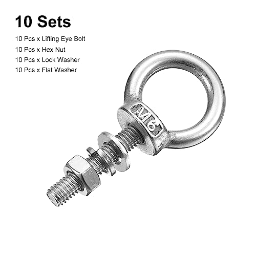 Image of uxcell Lifting Eye Bolt, 10 Sets M6x25mm Eye Bolt with Nut Washer 304 Stainless Steel Shoulder Lifting Ring Eye Bolt for Hanging Item