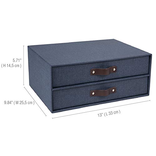 Bigso Birger 2-Drawer Canvas Fiberboard Easy Pull Handle Document Letter Box | Desktop Drawers for Loose Papers and Documents | Desktop Storage Drawers with Leather Handles | 13.1” x 10” x 5.7” | Blue