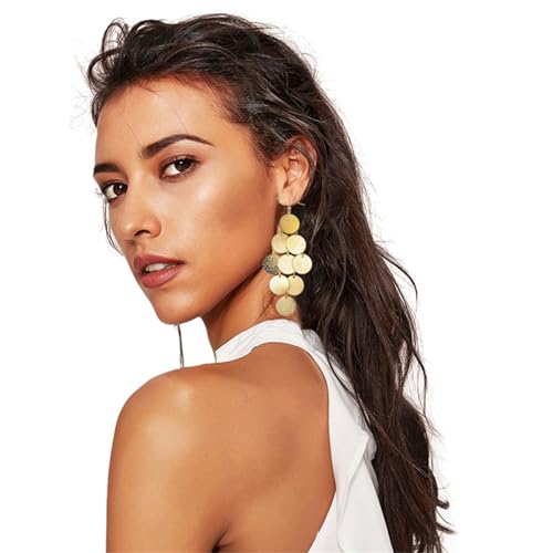 MALOYANVE Multilayer Disc Earrings for Women Fashion Long Gold Silver Plated Brushed Textured Pattern Multiple Round Circle Dangle Drop Geometric Statement Tassel Earrings Boho Jewelry2