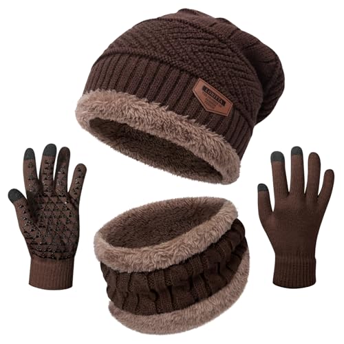 Image of Loritta Winter Hats for Men, 3 PCS Fleece Beanie Scarf Gloves Set