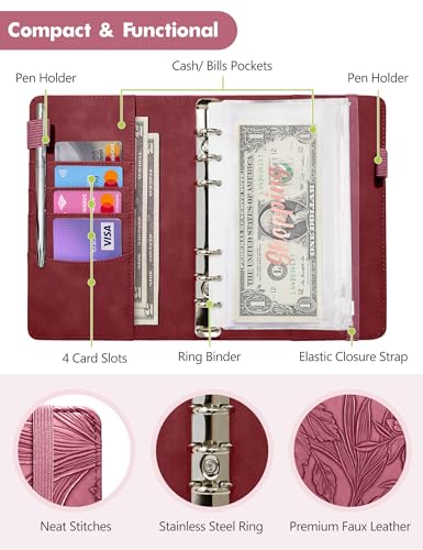 Image of A6 Budget Binder for Money Saving, Budget Planner, Money Organizer for Cash | with 8 Cash Envelopes, Budget Sheets & Rose Gold Category Stickers, PU Leather, Wine Red Embossed Floral