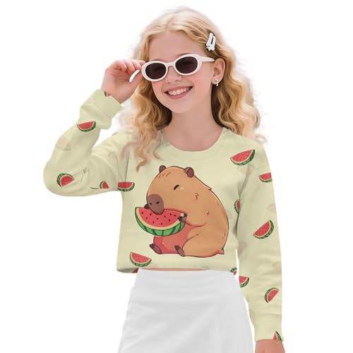 Girls Cropped Sweatshirts Crewneck Long Sleeve Shirts for Girls 5-14 Years Cute Kawaii Pullover for School