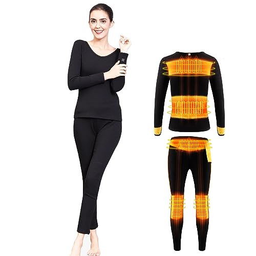 Smart Thermal Underwear for Women, DC Battery Heating Base Layer Set for Cold Weather, Fleece Lined Long Johns,XL,Black