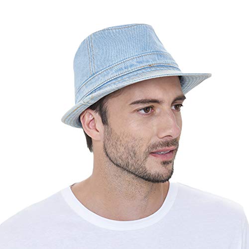 Withmoons Denim Bucket Hat Plain Stitch Washed Short Brim Packable Fedora Cap Dw6646 (Skyblue-M) #TOP19
