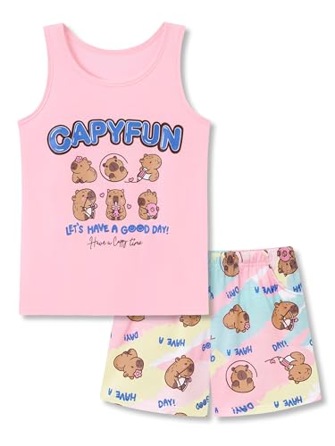 Topgal Teen Girls Pajamas Sleeveless Top & Shorts Cute Pink & Capybara Graphic 2-Piece PJ Set Size 14