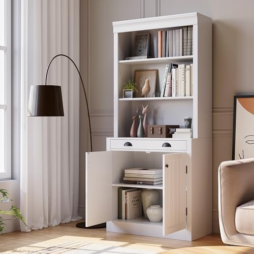 GarveeHome 71" Tall Bookshelf and Bookcase with Drawer, 5-Tier White Bookshelf with Doors, Adjustment Shelf, Wood Bookshelves Storage Cabinets for Home Office, Living Room, White, Set of 2