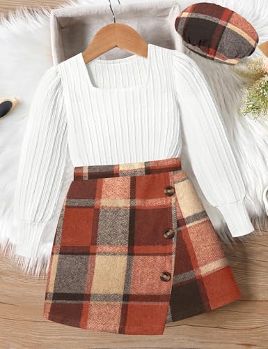 Image of AGAPENG Girl Skirt Sets 3 Piece Outfits Square Neck Jacquard Puff Sleeve Tops Plaid Mini Skirt Shorts Fall Winter Clothes
