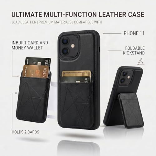 Image of amazon basics Premium Vegan Leather Back Cover with Card Holder and Integrated Mobile Stand for iPhone 11 - Slim Shockproof Wallet Case with Geometric Stitching [Black]